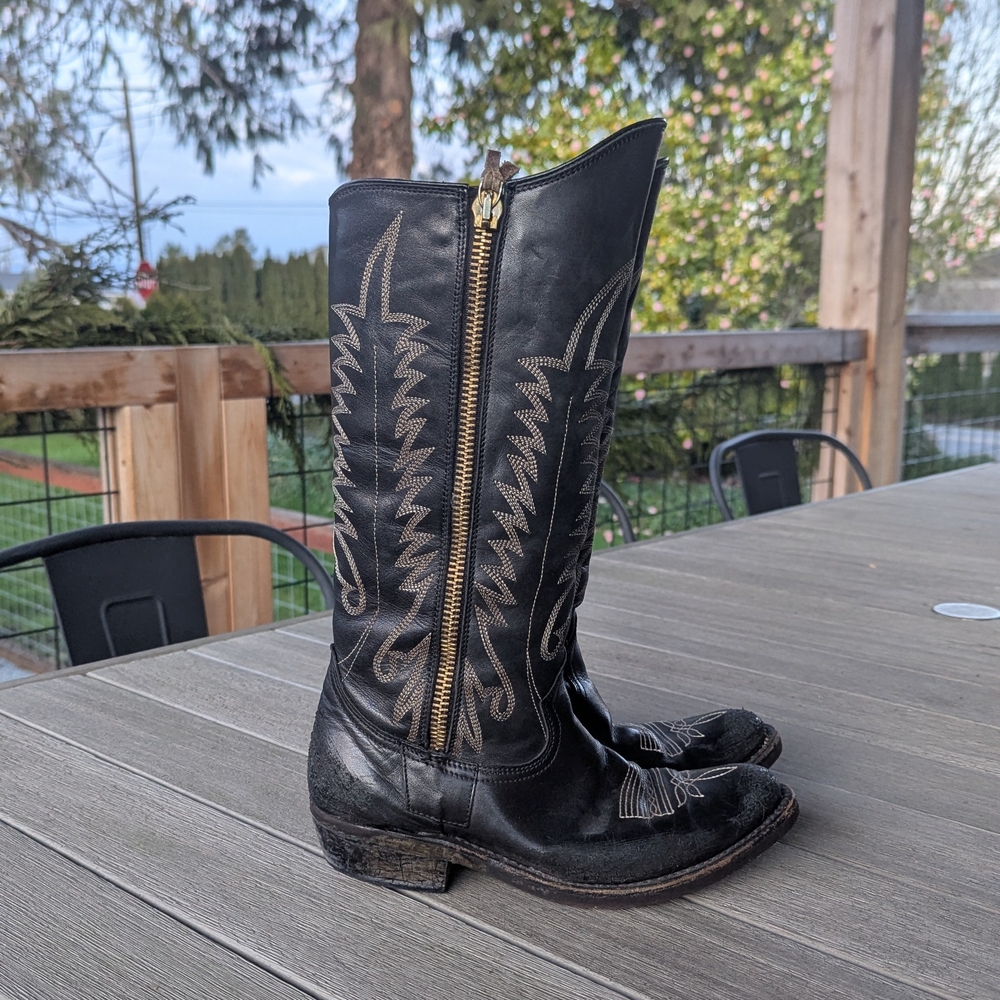 Black Leather Cowboy Boots with Zipper